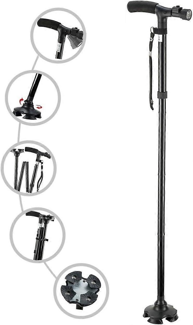 Folding cane with LED light, adjustable cane, suitable for men and women, cane for the elderly, with cushion handle and rotating four bases, suitable 