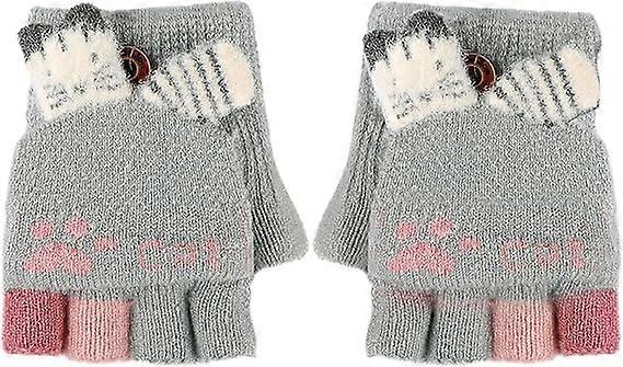 Children's Winter Gloves Girls Magic Gloves with Non-Slip Pattern Girls' Mittens 5-Finger Winter Thermal Gloves in Knitted Wool Cat Pattern for Childr