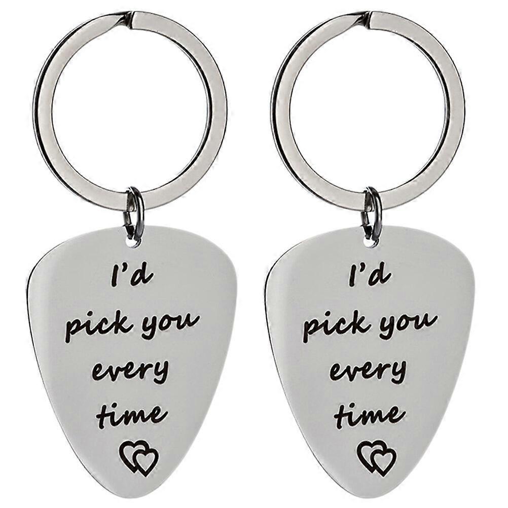 1 Set 2 Pcs Guitar Pick Key Chains Creative Valentine's Day Key Chains (Silver)