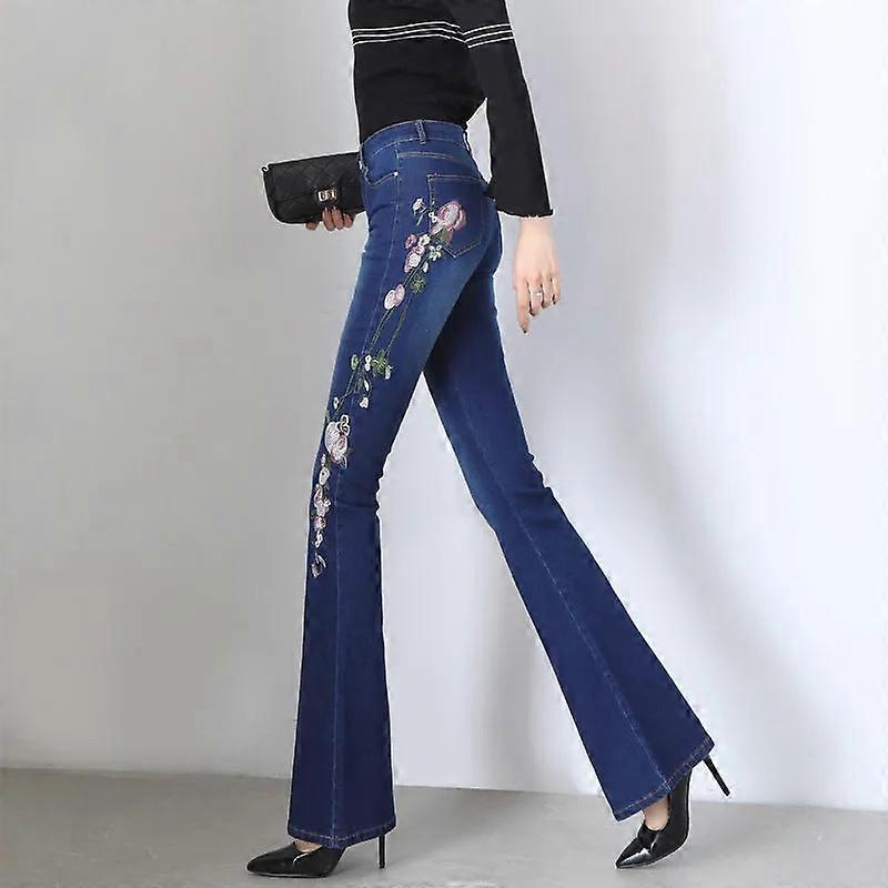 Embroidery Flare Jeans Women Elasticity Bell-Bottoms Jeans For Girls Light Blue Trousers Large Size Female Casual Denim Pants