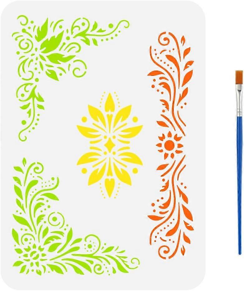 Border Corner Drawing Stencil with A Paint Brush 11.7x8.3inch Flower Border and Corner Painting Template Vine Leaves Decoration Stencil for Painting o