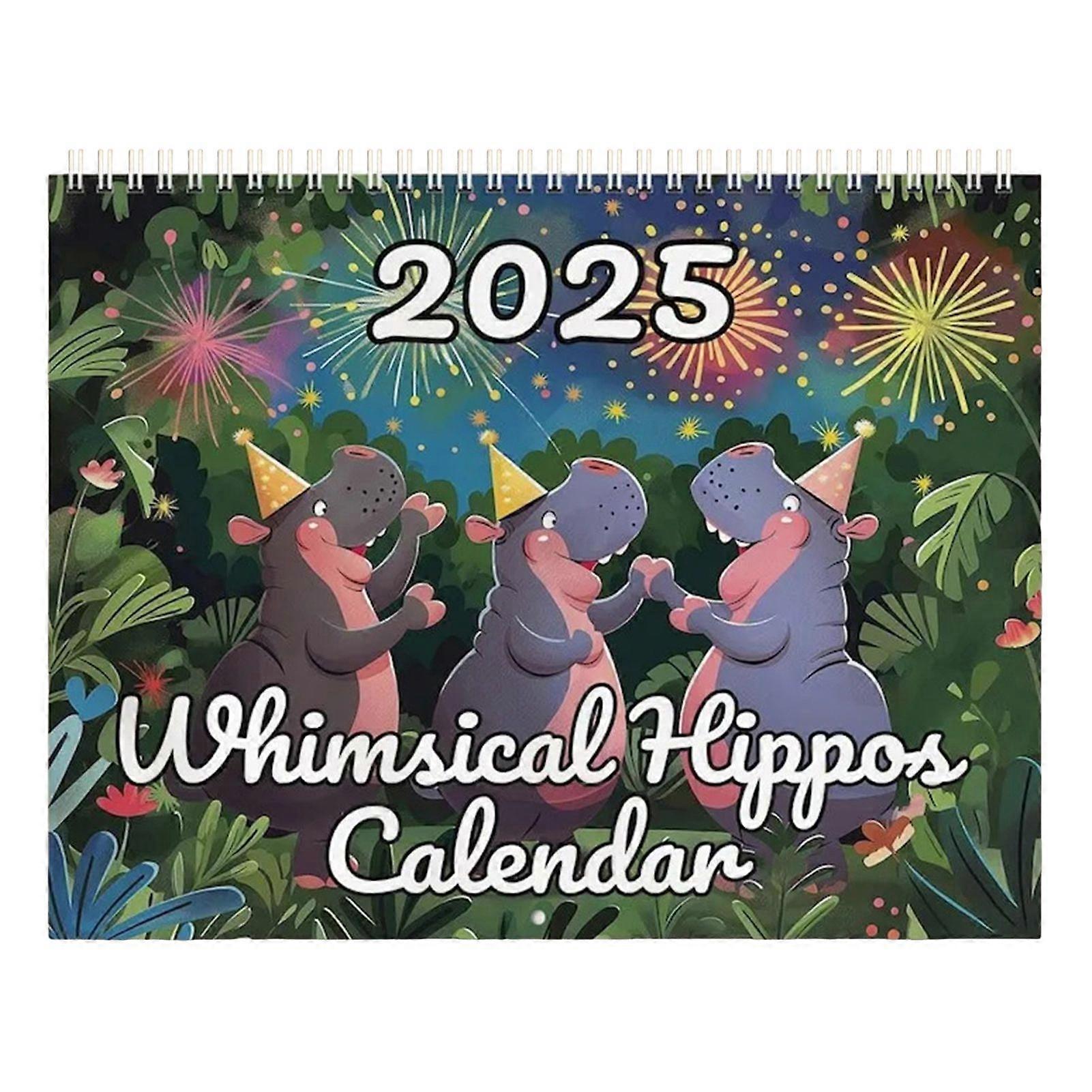 2025 Hippo Calendar 12-Month Hippopotamus Calendar Desktop Monthly Scheduler with Whimsical Hippo Illustrations