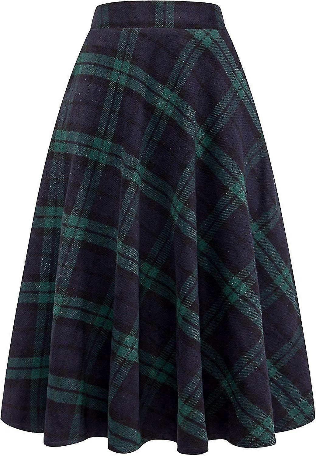 Womens High Elastic Waist Maxi Skirt A-line Plaid W Warm Flare Long Skirt