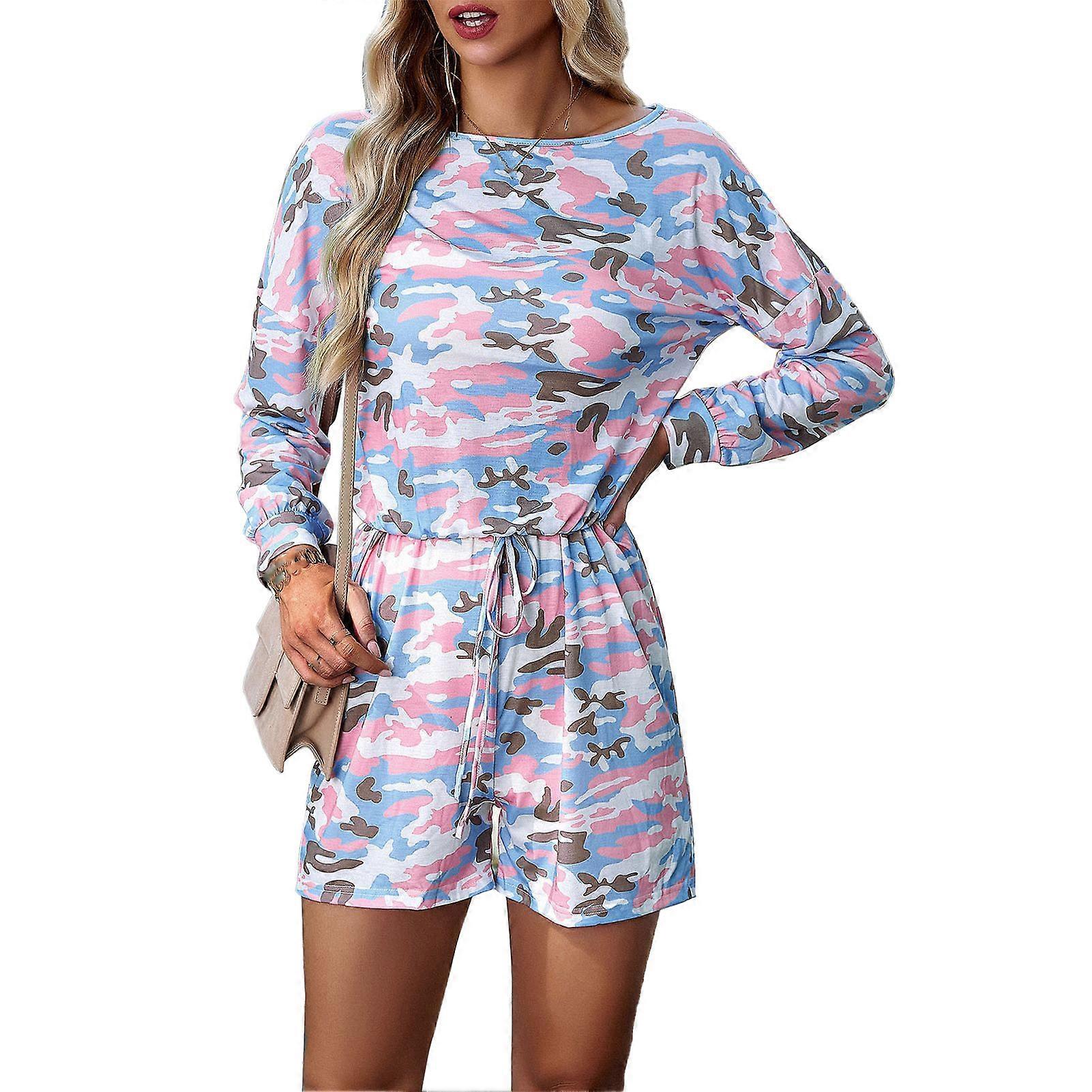 Women Printed Jumpsuit Long Sleeve Round Neck Casual Fitted Drawstring Elastic Waisted Printed Jumpsuit for Daily Life M Pink