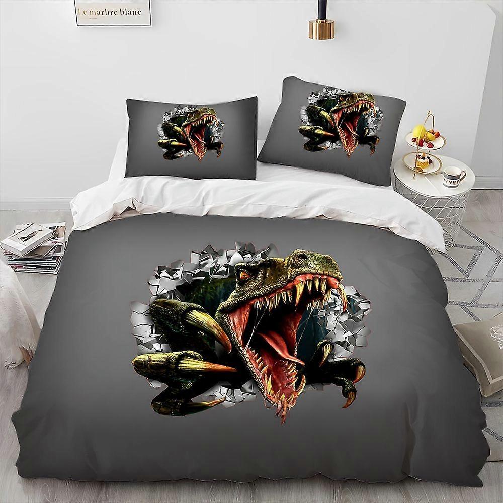 v1643 Lakan Tecknad dinosaurie illusion täcke sängkläder,Påslakan Sängset Påslakan Örngott,Queen sängkläder set för barn gåva 3-delat B