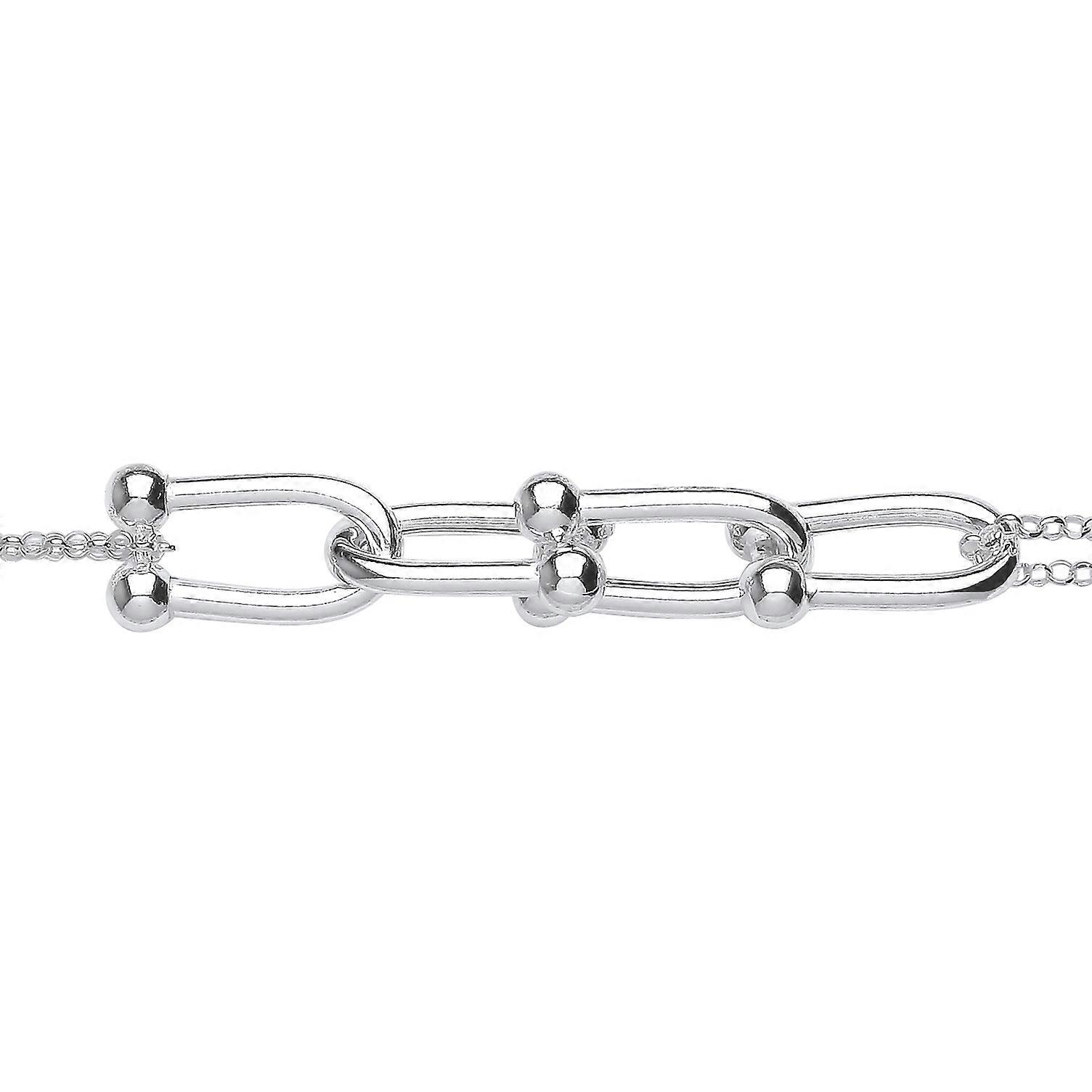 Jewelco London Ladies Rhodium Plated Sterling Silver Oval Barcell Stirrup Double Strand Chain Bracelet 6.5 + 1 inch