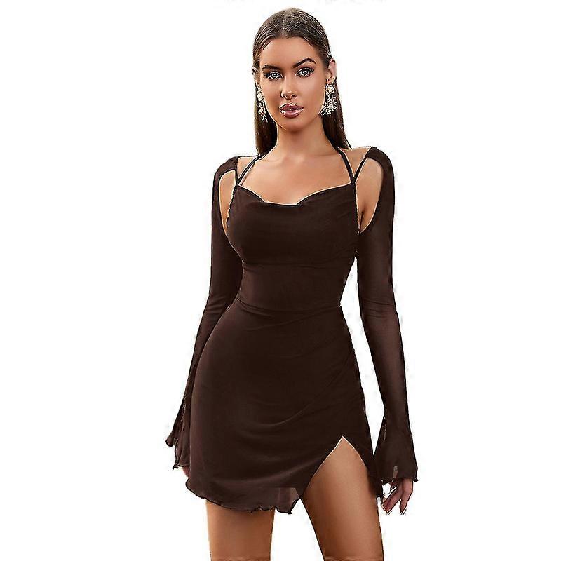 Kvinnors Mesh Halter Founce Ärmar Ruched Mini Klänning