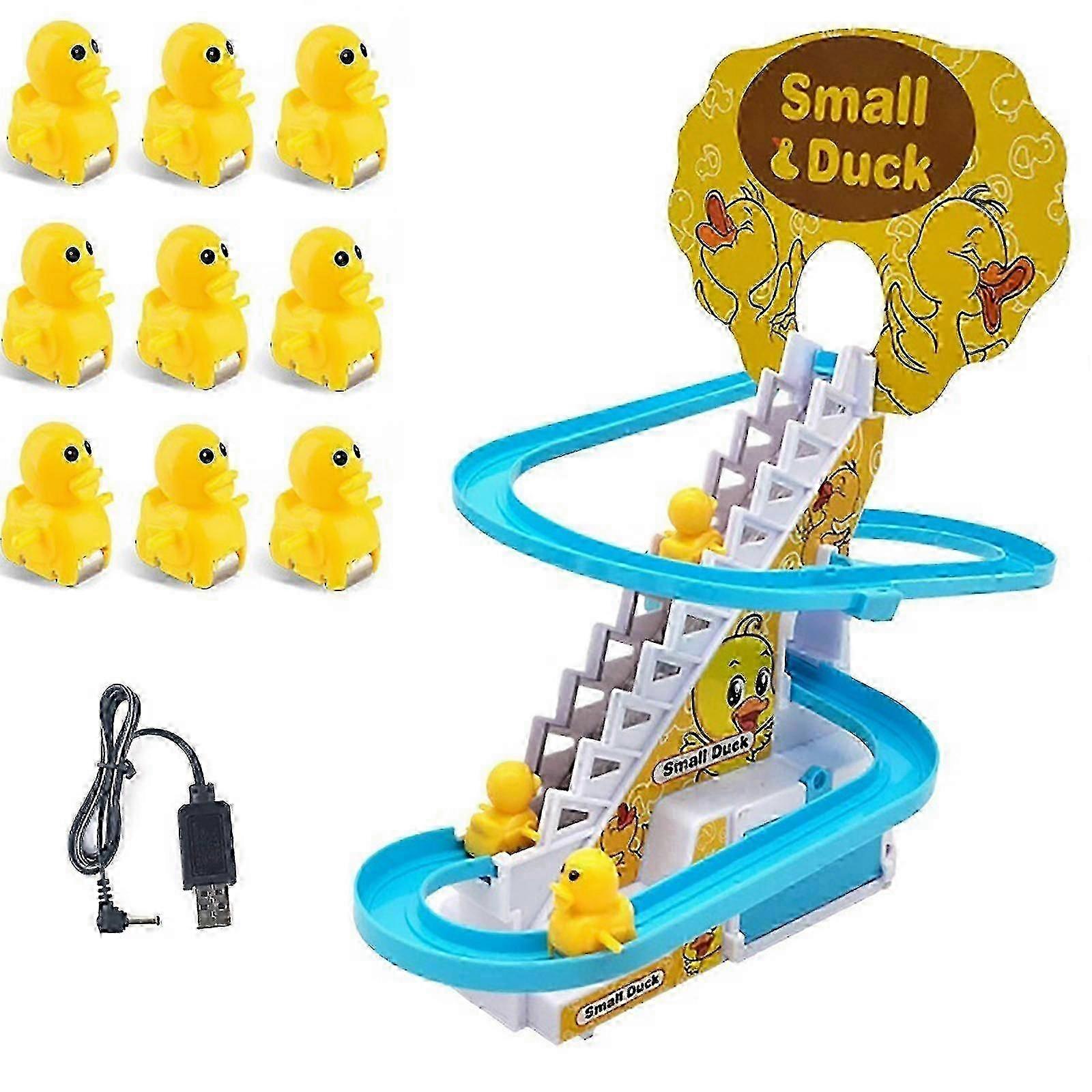 Electric Duck Climbing Stairs Toys - With 9 Duck Toys Race Track Led Flashing Lights Music Slide Roller Coaster Toys