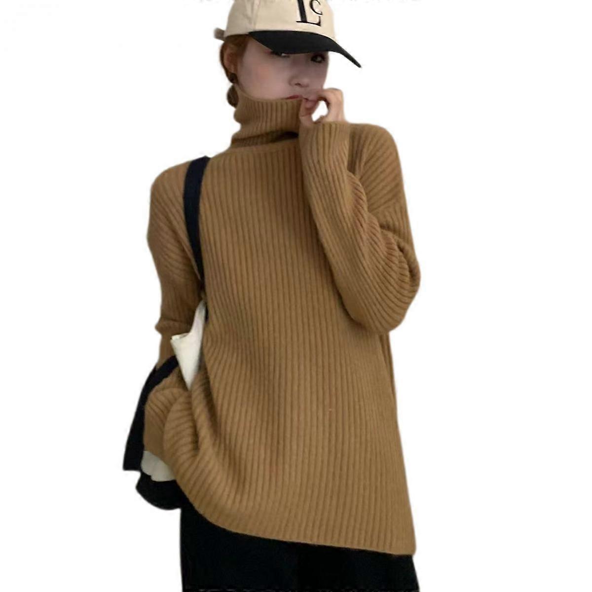 Women's Turtleneck Sweater Long Sleeve Solid Color Casual Loose Pullover Knit Top