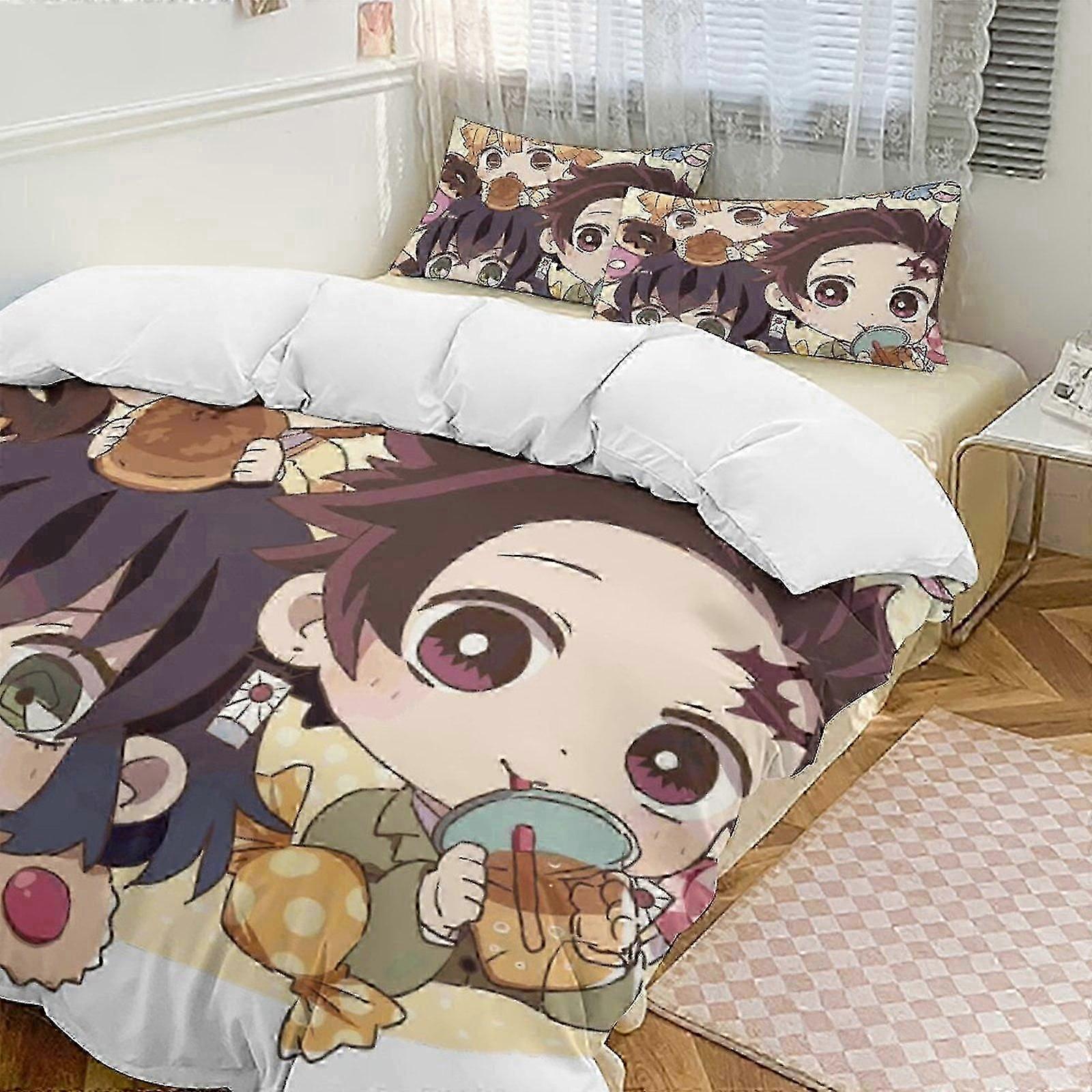 v831 Bed Sheets Demon Blade Bedding Set, Comfortable and Lightweight3-Piece Cartoon Bedding Set (Available in Multiple Sizes) Lc (1 Duvet Cover and 2