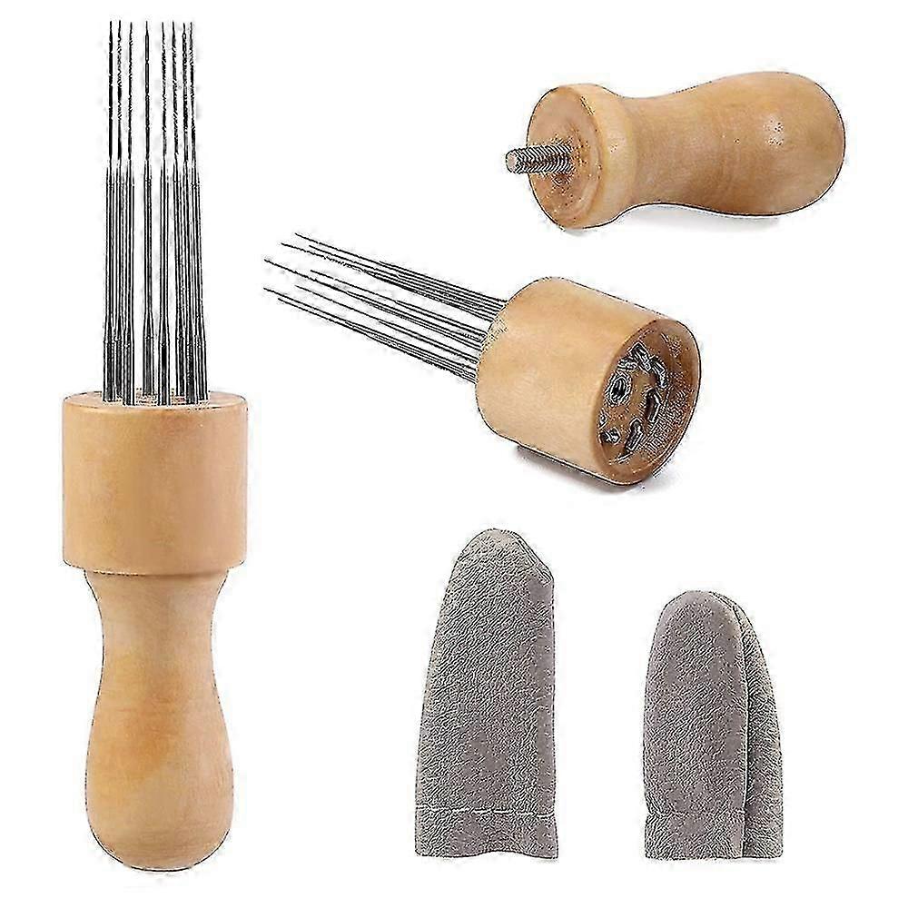 Felting Needle With Eight Needles Tool Solid Wood Handle Craft Felt Punch Tool With Finger Cots