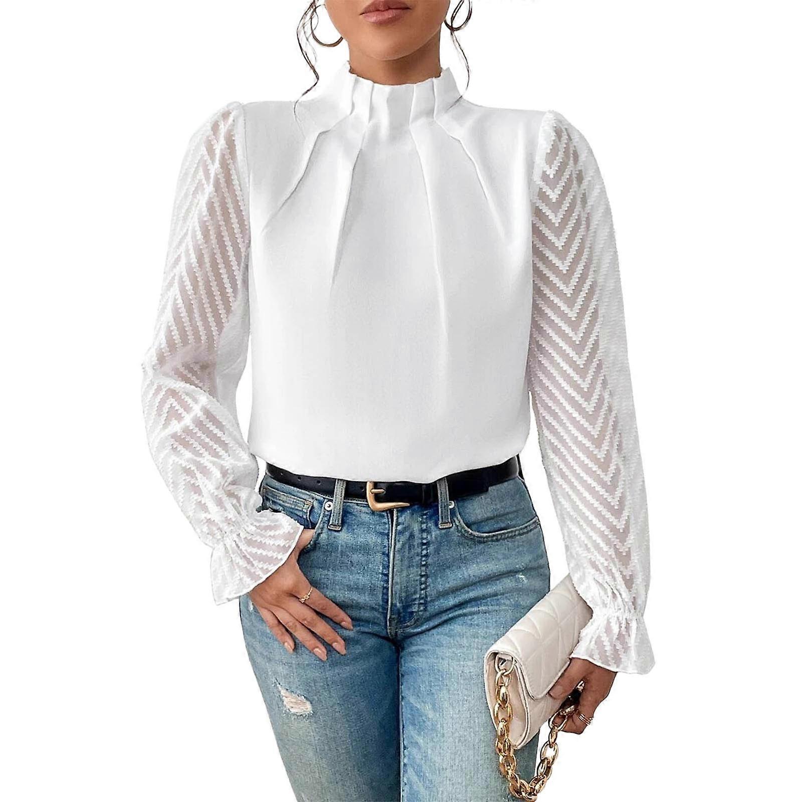Damen Stehkragen Langarmhemden Business Casual Tops Lockere Arbeitsblusen Einfarbiges Chiffonhemd Weiß XL