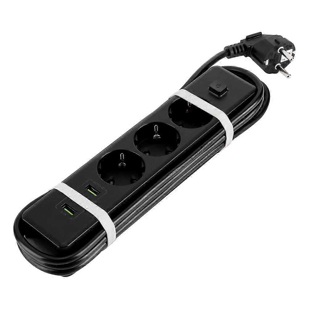 EU Plug Smart USB Power Strip 3-Port 3-Outlet Wall Socket Overload Protection Black