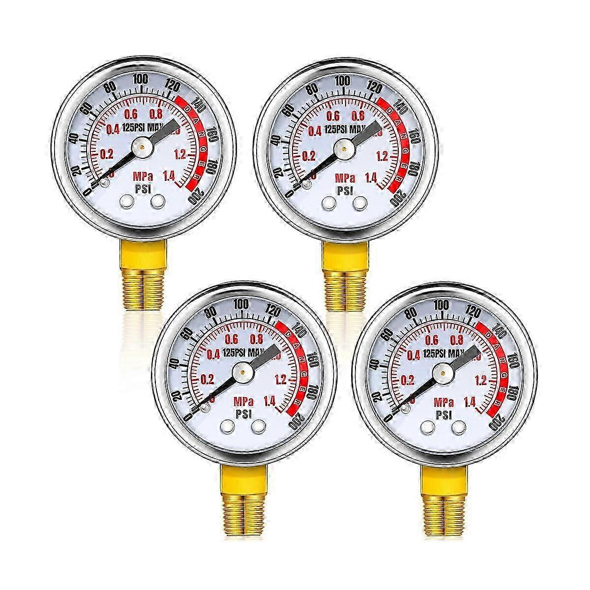 4 قطع مقياس ضغط الهواء 0-200 رطل لكل بوصة مربعة، موصل NPT ذكر 1/8 بوصة، مقياس هواء مثبت على الجانب السفلي، مقياس ضاغط الهواء بقرص 1.57 بوصة