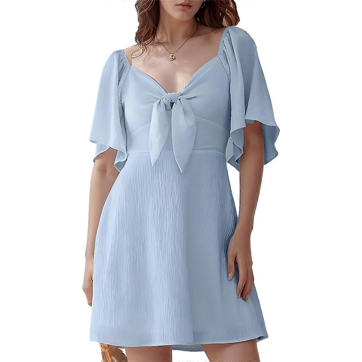 Deep V Neck Elegant Bow Tie Mini Dress Light Blue M