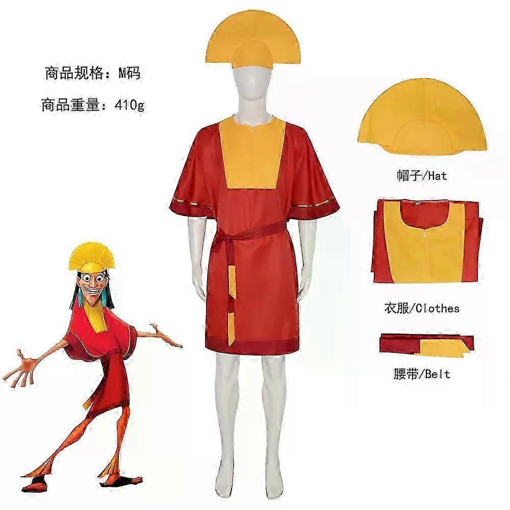 Anime Emperor Kuzco Cosplay Costume King red Jumpsuit Yellow Hat Belt Outfits with Men Halloween Fancy Uniform