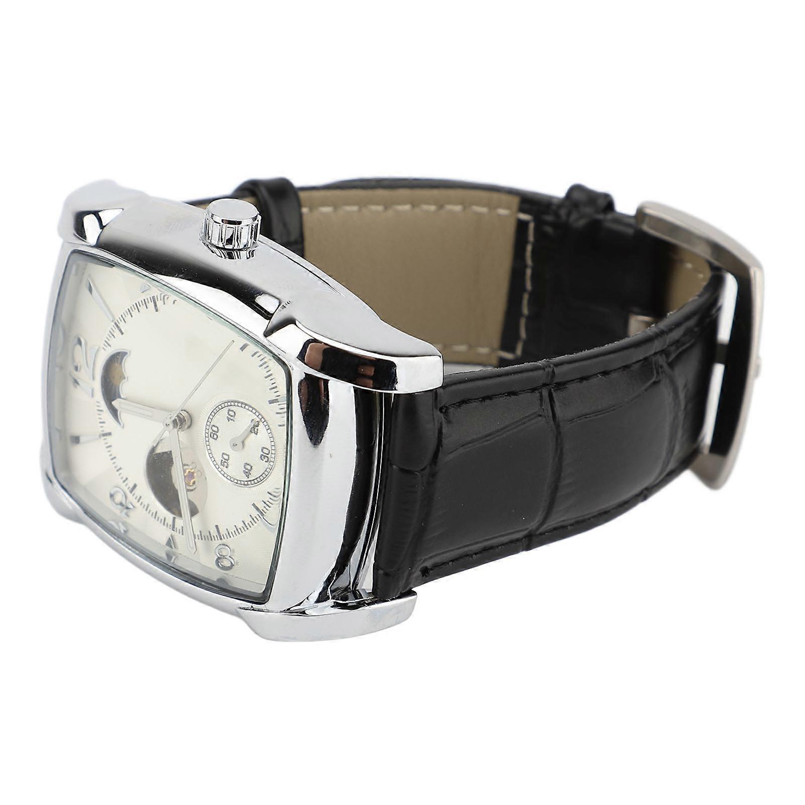 Skeleton automata mechanikus karóra férfiaknak Holdfázis önfelhúzó vízálló PU bőrszíj luxus kronográf analóg óra ezüst Whi