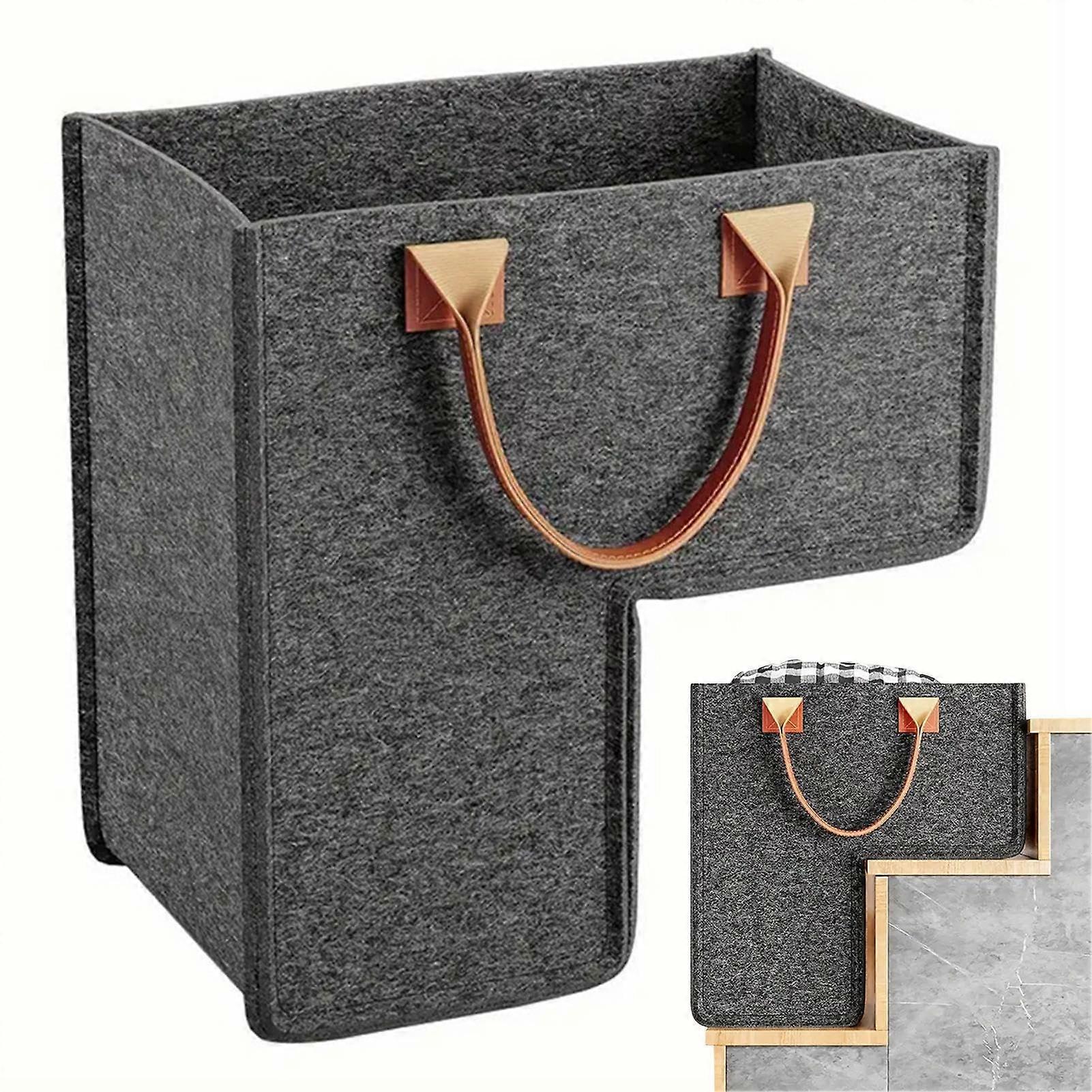 Stair Basket Foldable Felt L-Shaped Space-Saving Storage Organizer For Stairs With Handle Dark Grey