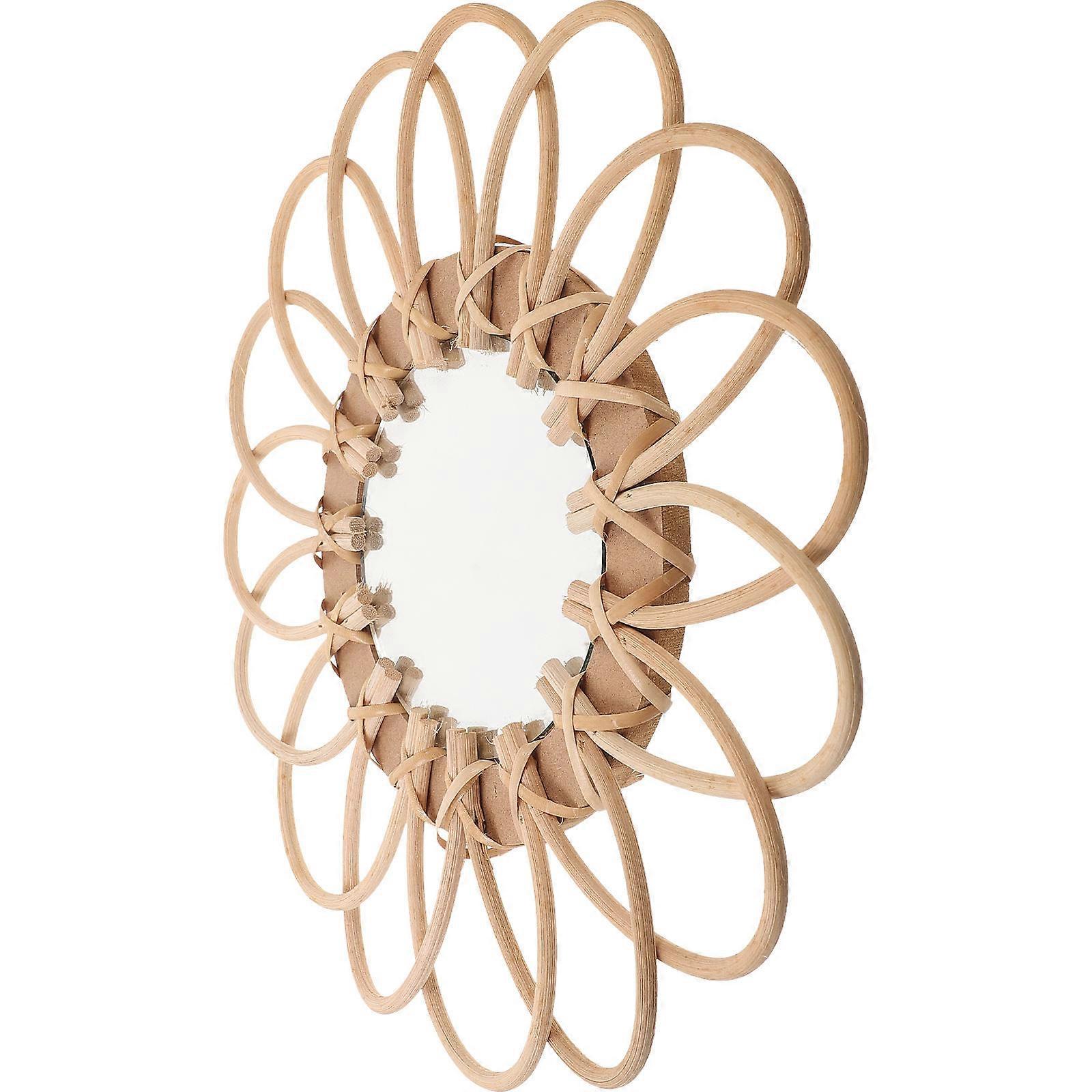 Handmade Boho Woven Rattan Wall Mirror with Wood Frame – Decorative High Definition Mirror for Bedroom or Living Room, Nordic Style Hanging Ornament