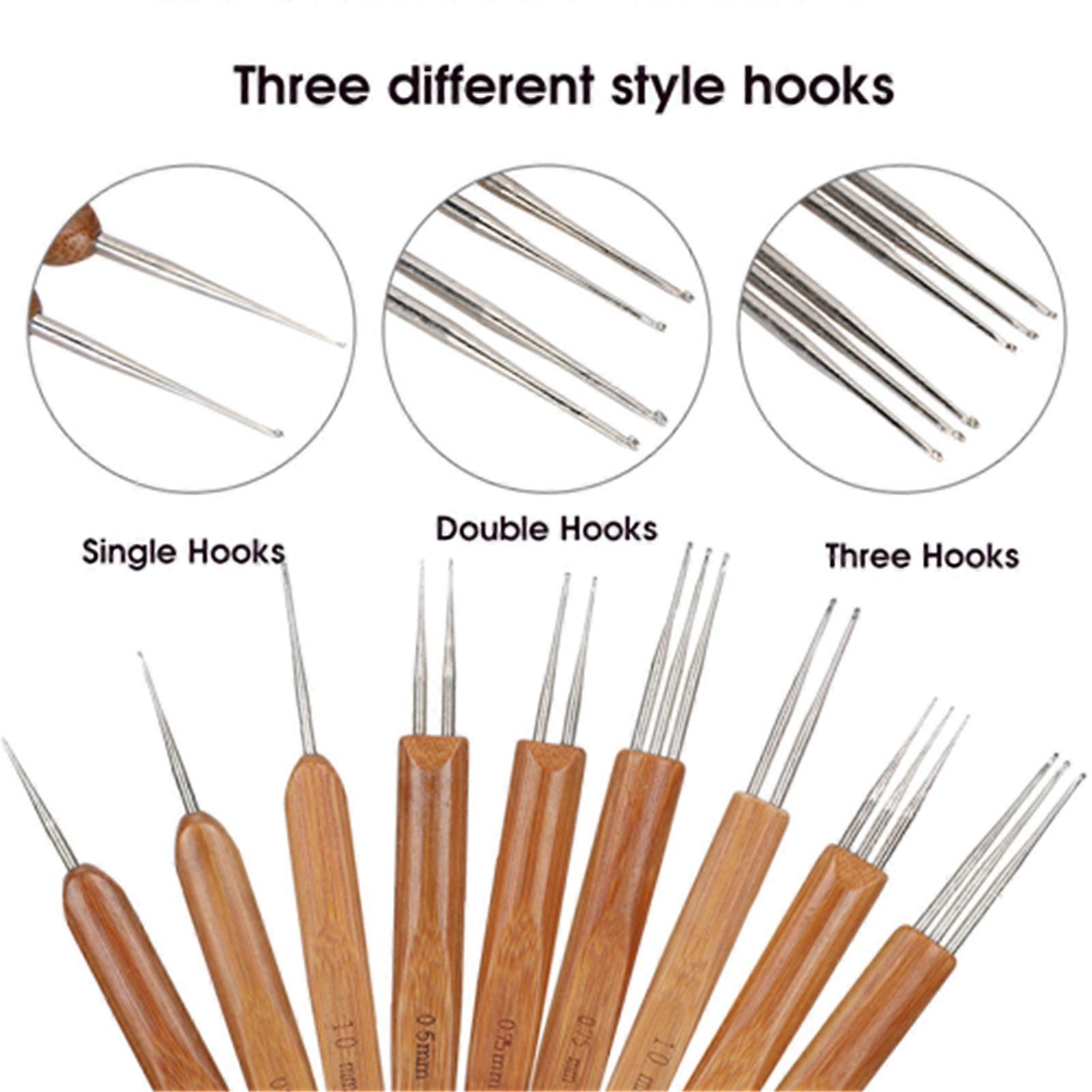 9Pcs Dreadlock Crochet Hooks Set Single Double 3 Bamboo Handles Weaving Tool for Braiding Hair