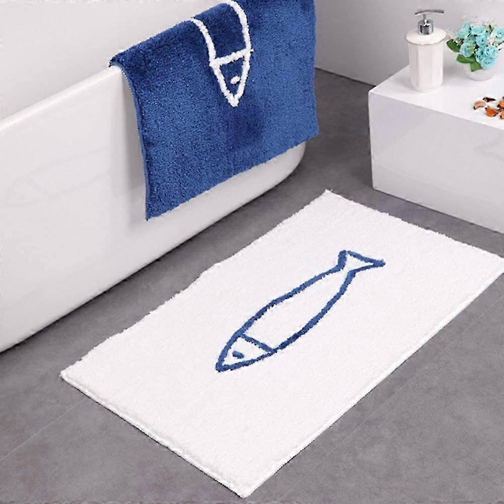 Blue/White Fish Pattern Non-Slip Bathroom Bath Mat,Polyester,40 x 60cm