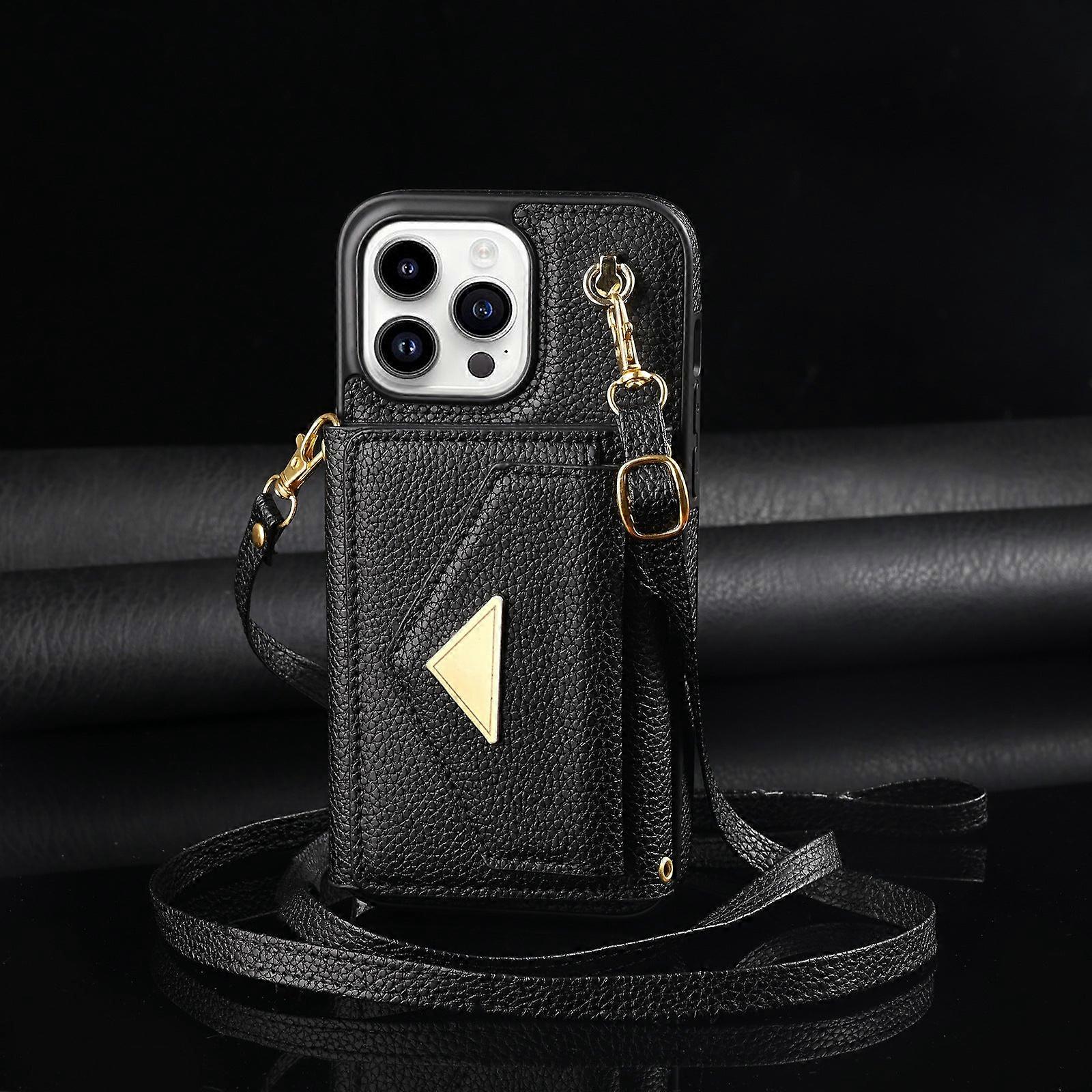 جراب لهاتف iPhone 13pro أسود طويل الحبل الأكورديون كروس بودي حامل بطاقة فتحة رقم 4061