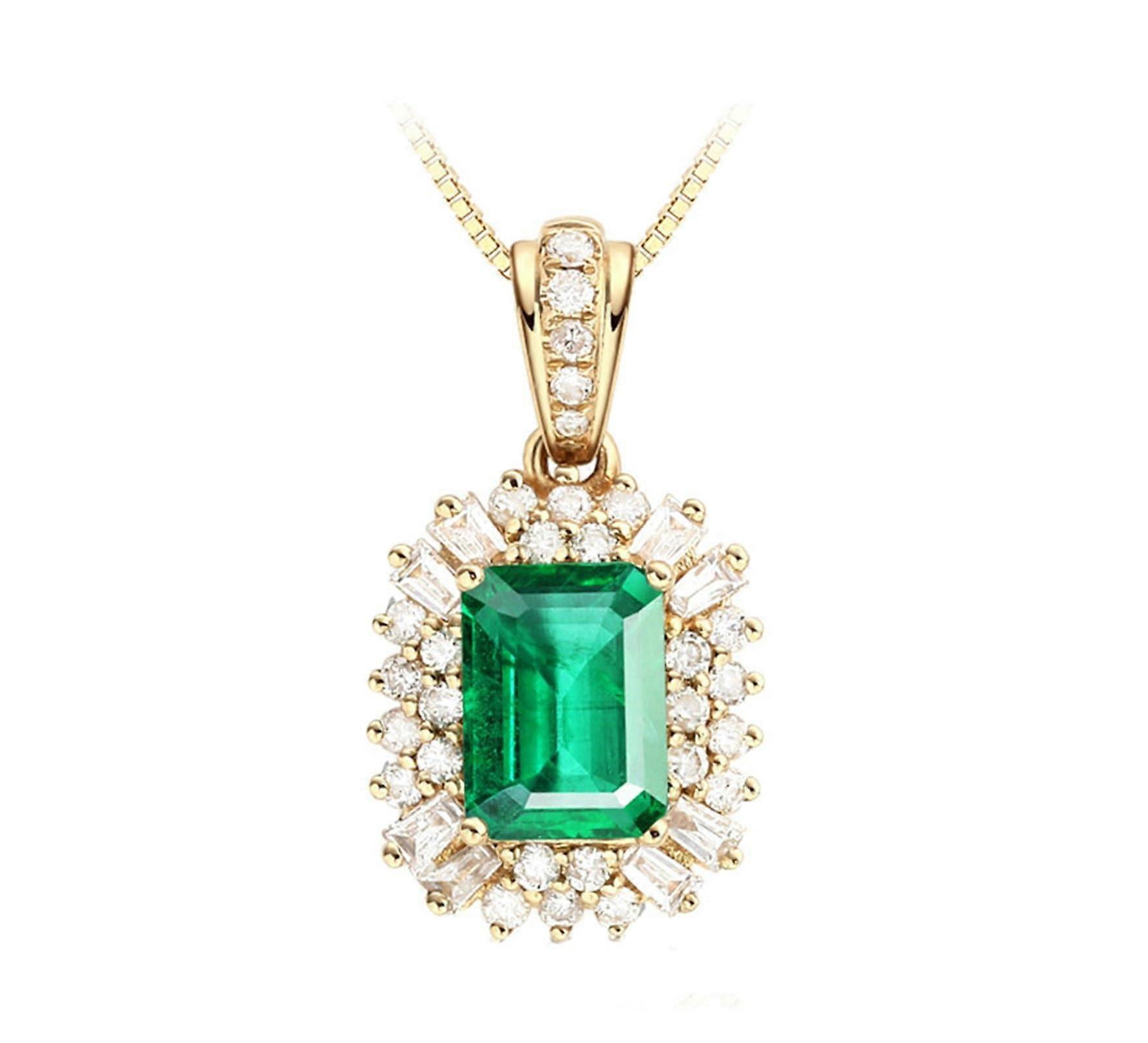 Necklace for Women Gold 18K Yellow Gold Pendant with 0.6ct 1.2ct 1.8ct Rectangle Lab Made Emerald and Moissanite