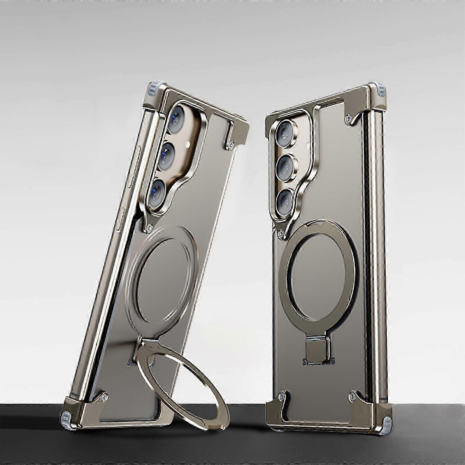 Frameless for Samsung Galaxy S24 Case with Invisible Magsafe Kickstand, Bezel Less Metal Slim Hard Shockproof Case with Ring Holder