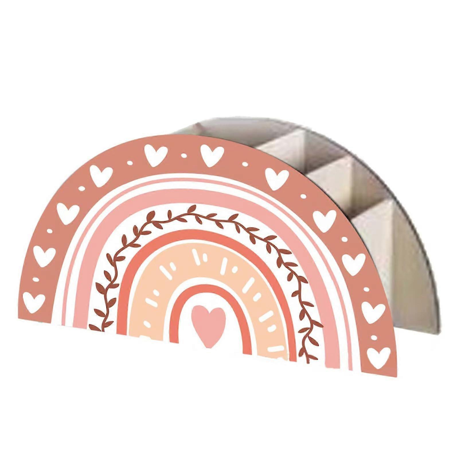 Rainbow Pen Holder Desk Organiser Wooden Office Storage for Kids Classroom Pink Pen Box with Multiple Compartments