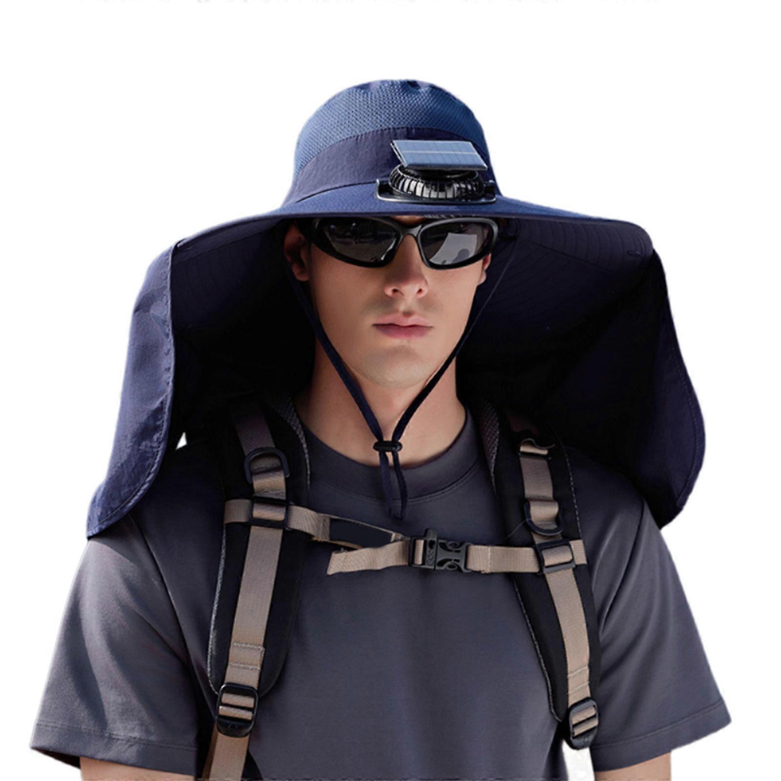 כובע קירור מופעל על ידי שמש עם מאוורר סולארי מאוורר מתכוונן דש צוואר לנשימה לדיג בחוץ קמפינג טיולים כחול כהה