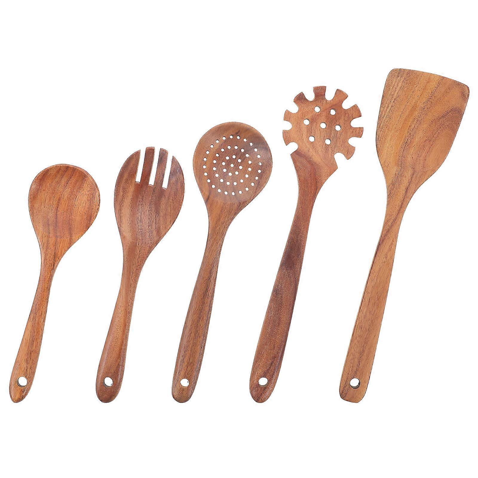Wood Cooking Utensils Set with Ergonomic Handle for Kitchen Use Brown Color Multi-function Cooking 1 Set