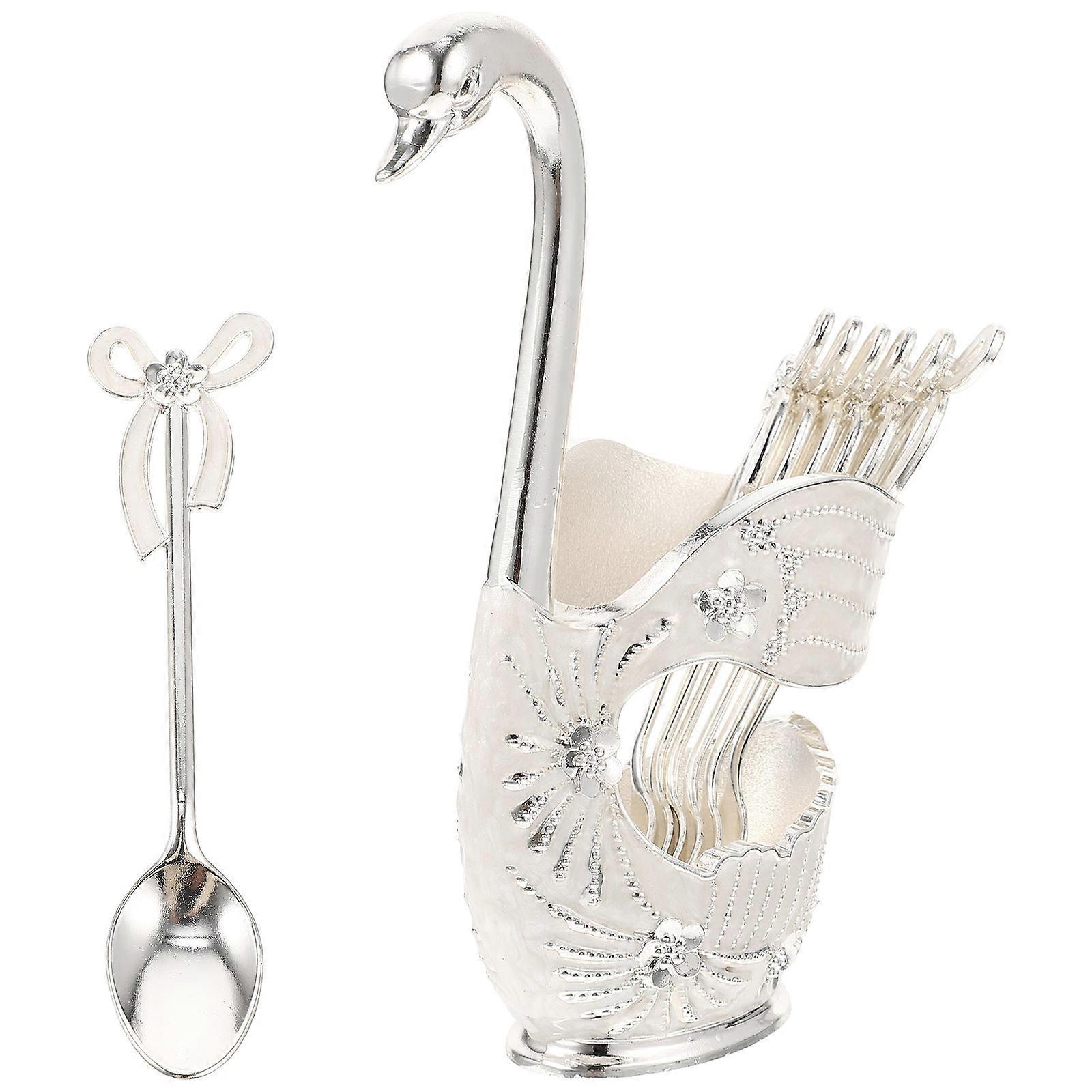 Swan Spoon Set with Elegant Metal Dessert Spoons and Decorative Swan Shaped Holder for Coffee, Tea, Fruit, and Salad – Stylish Tableware for Home Use