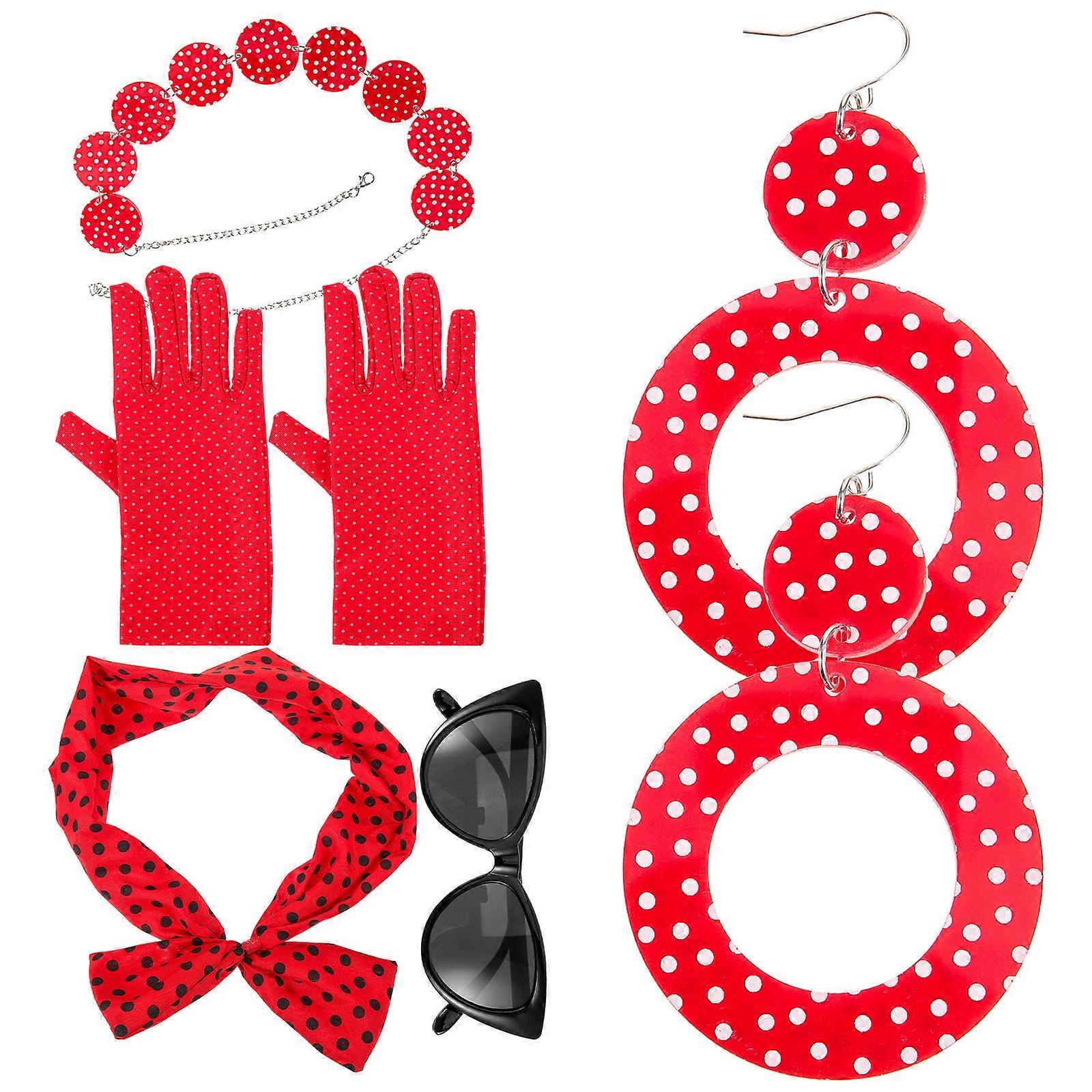 Costume Eye Wear Women 50s Costume Accessories Hairband Eye Glasses Necklace Earring Set Retro Style Red 78x7cm 1Set