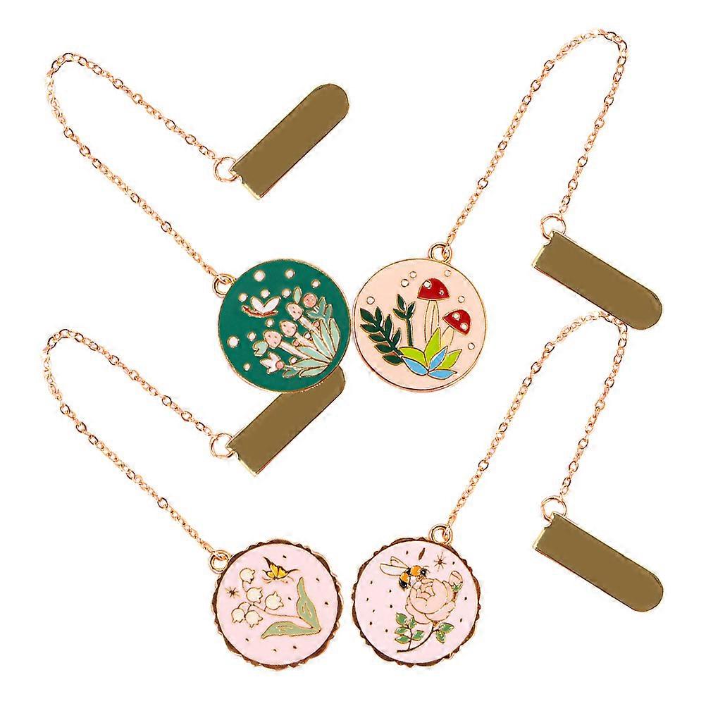 Vintage Metal Bookmarks with Chain, Floral Design, 4PCS Set, Chinese Style, Elegant Reading Accessories for Book Lovers