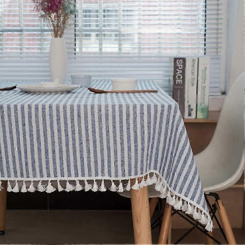 Nappe Rectangle Nappes Nappe Rayée Pompon Nappe Protecteur de Table Table En Lin Table Jupe Table à Manger Cuisine (Rayures Bleues/Blanches, 140250cm)