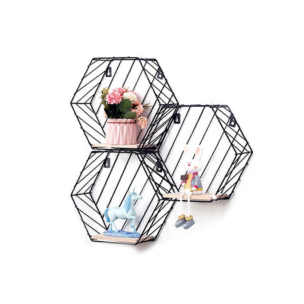 Black Iron Hexagon Floating Shelves for Wall Hanging Decoration Easy to Install with Rope 70100 Characters