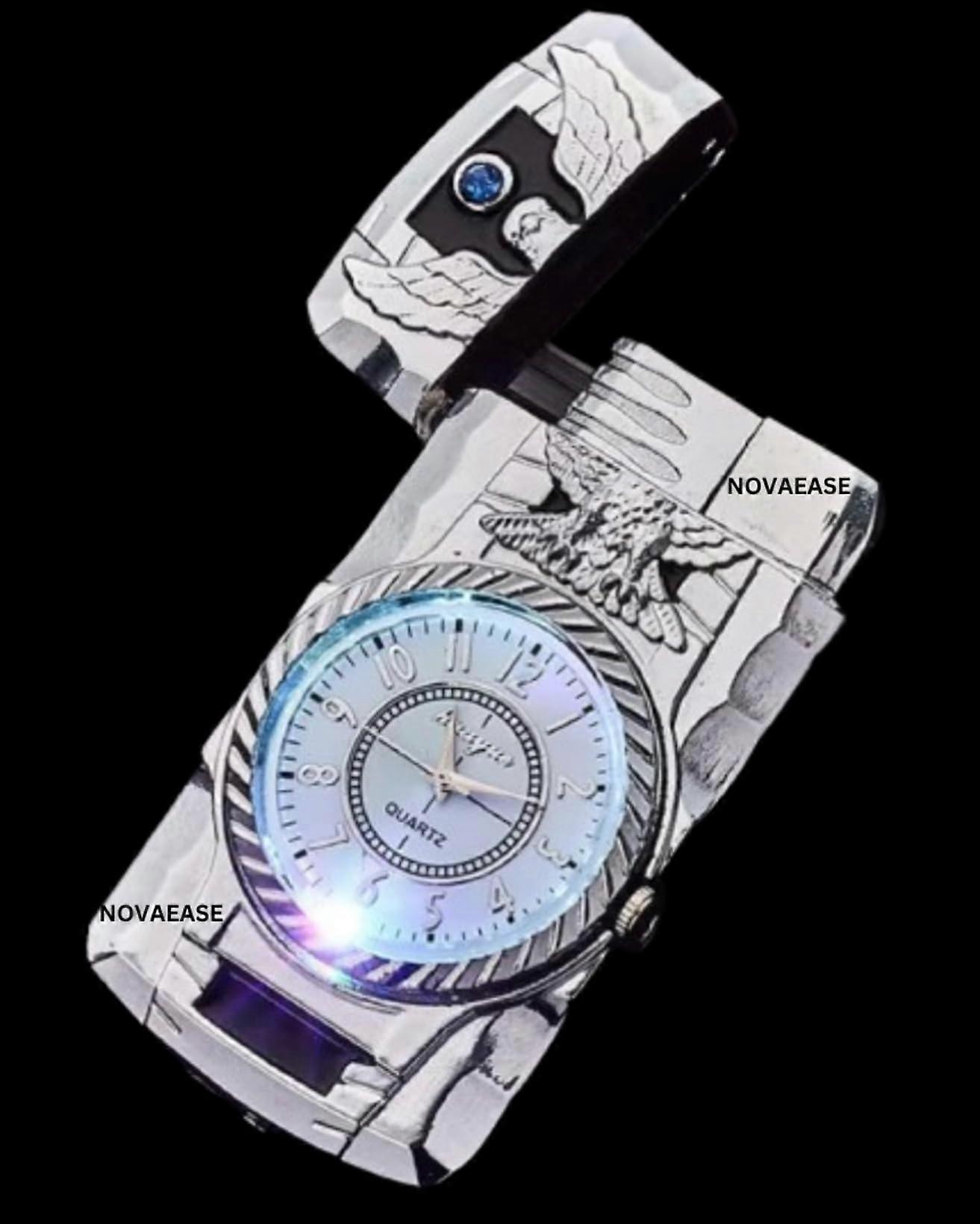 Silver Eagle Headed Quartz Watch Lighter - Refillable Windproof Jet Lighter with Safety Gas Candle & LED Lights