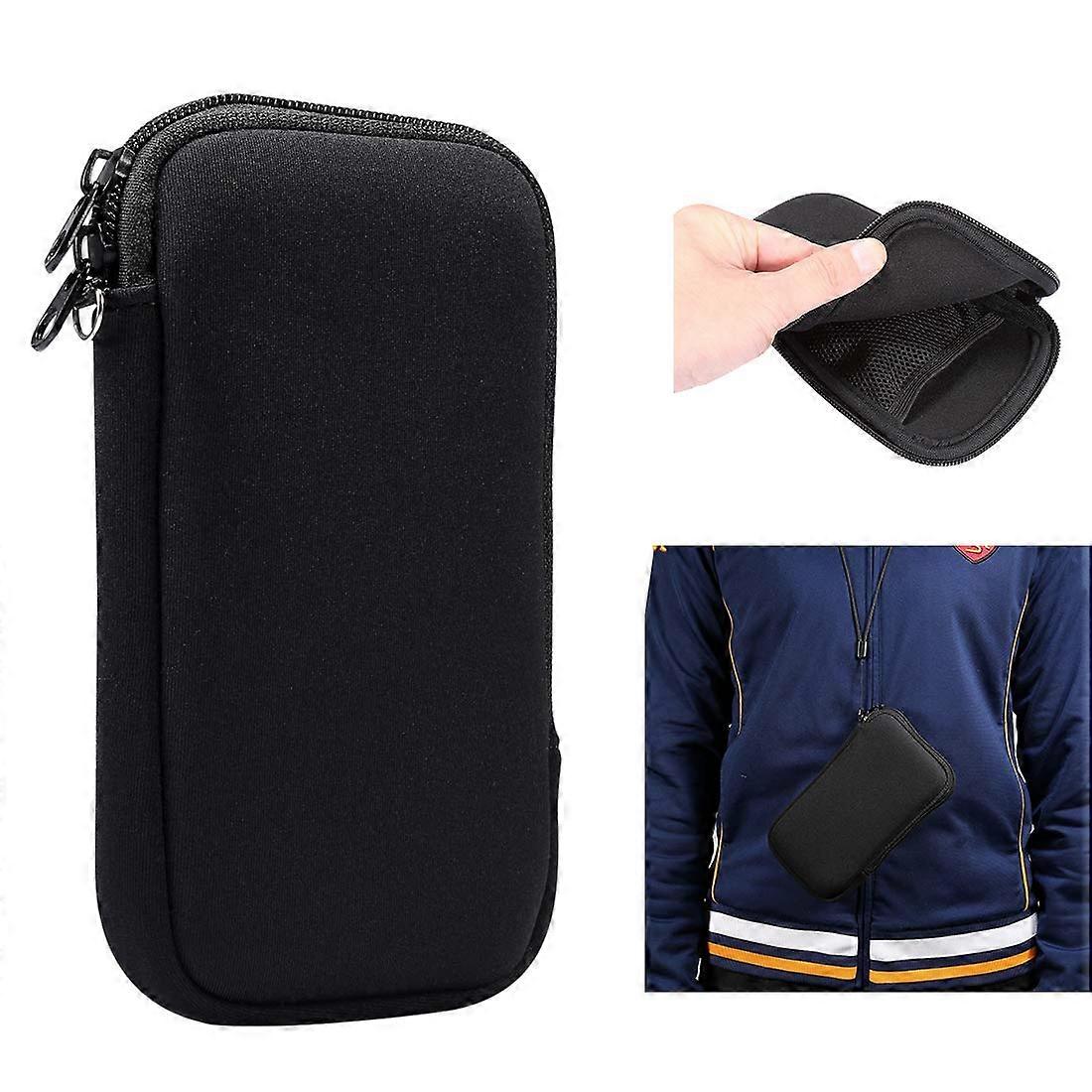 Neoprene Phone Pouch for iPhone 13 Mini, 12 Mini, SE 2020, 11 Pro, XS, X, 8.6 Inch - Universal Zippered Cell Phone Case with Neck Strap in Black