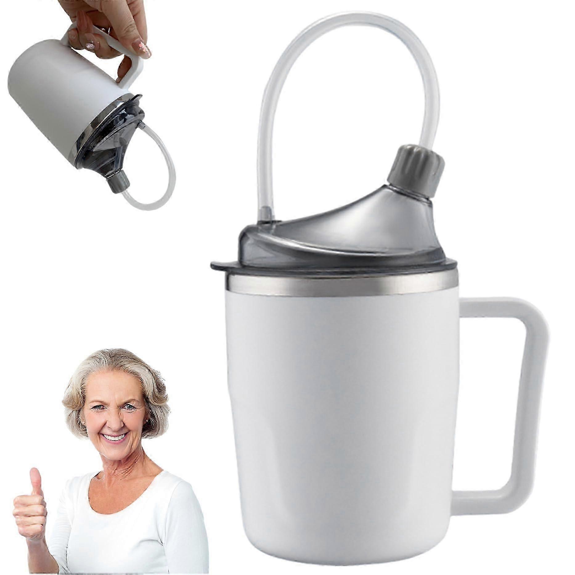 Spillproof cup for seniors, 400ml with straw, stainless steel dysphagia cup with handle