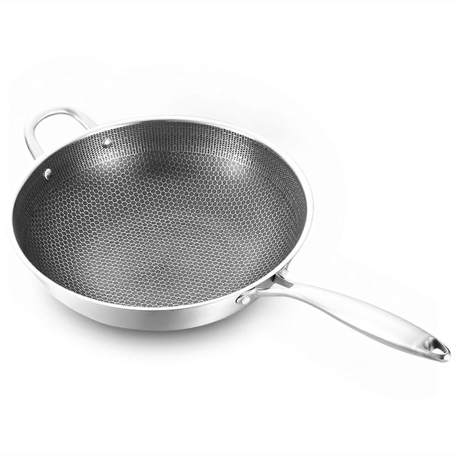 Stainless Steel Wok Thick Honeycomb Base Handmade Frying Pan Nonstick Non Rusting Gas And Induction Compatible 30cm