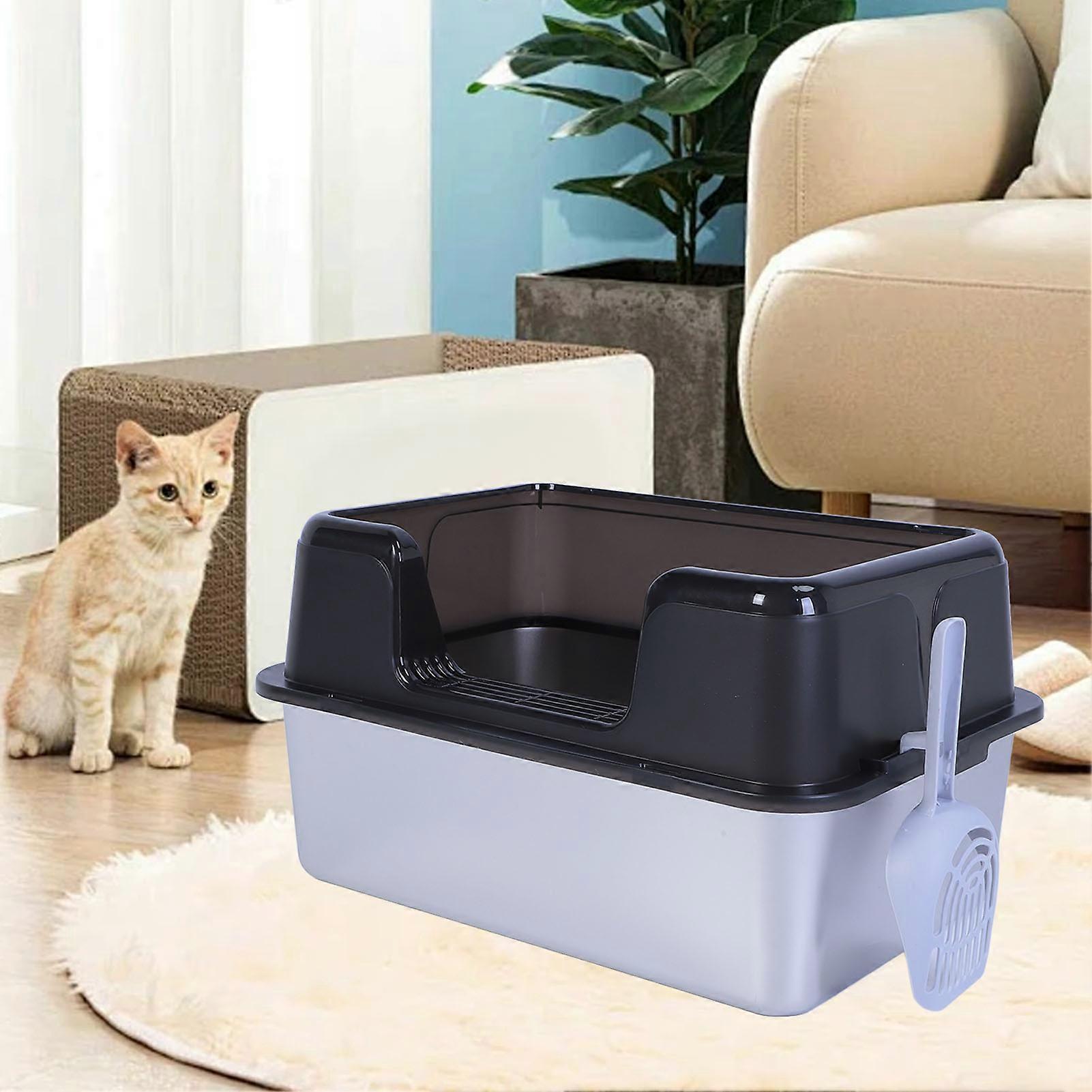Bac à litière en métal 20 L en acier inoxydable 50 x 35 x 28 cm Noir à bords hauts