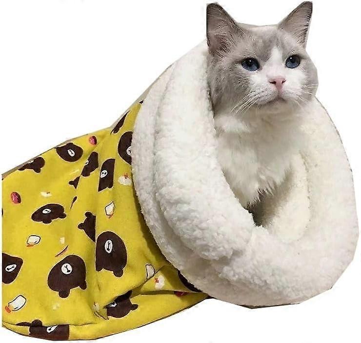 Cat Sleeping Bag for Indoor Cats, Winter Warm Soft Plush Large Cat Sack Bed with Cave, 360° Warmth, Semi-Enclosed, for Cats 6-8kg (Yellow)