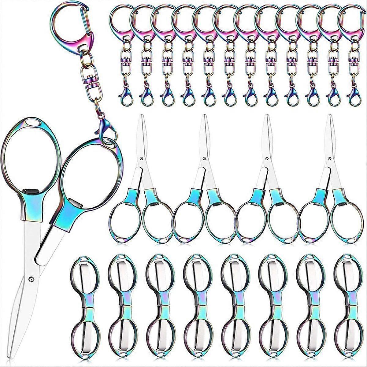 12 Pcs Folding Stainless Steel Scissors with 12 Keychains Portable Mini Badge-Safety Scissors for N
