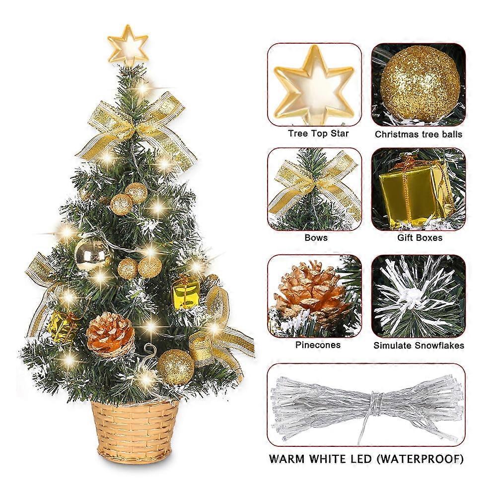 Brand Clearance! Christmas Tree with LED String Lights For Dining Table Artificial Home Decor Mini Christmas Pine Tree Xmas Star Tree 17.7inch Gold