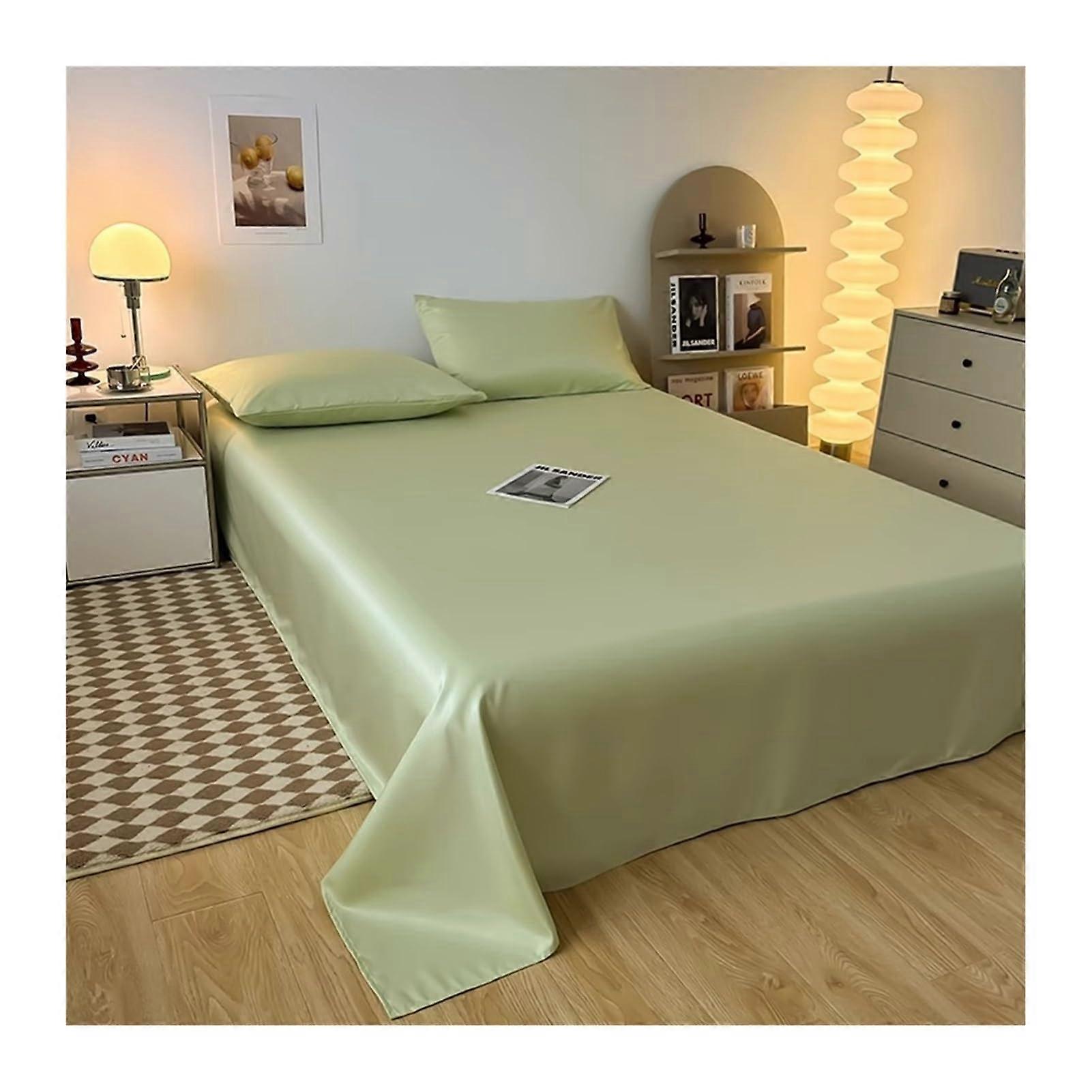 Flat Sheet Washed Silk Cooling Bed Sheet Twin Full Queen Size Green 200x230cm+48x74cm x2