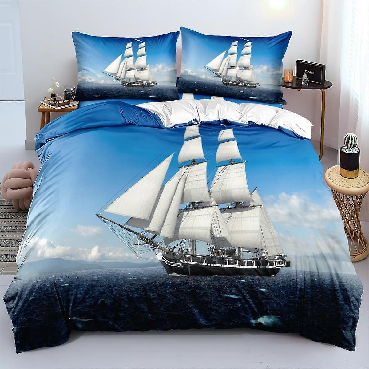 Povlečení na peřinu s motivem plachetnice a oceánu, modrá obloha, měkké mikrovlákno s 3D potiskem, zapínání na zip