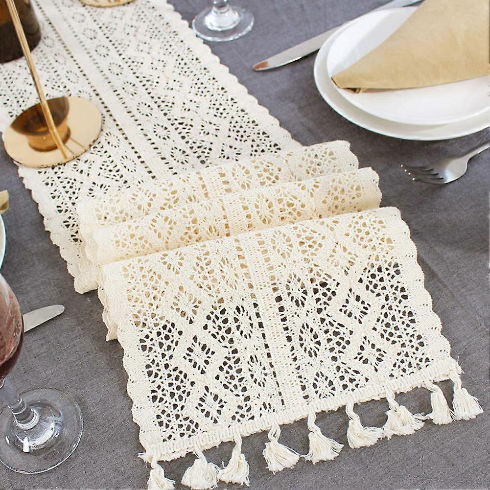 Cream Lace Striped Table Runner Size 24x140 Cm Material Lace Color Cream Pattern Striped For Dining Tables
