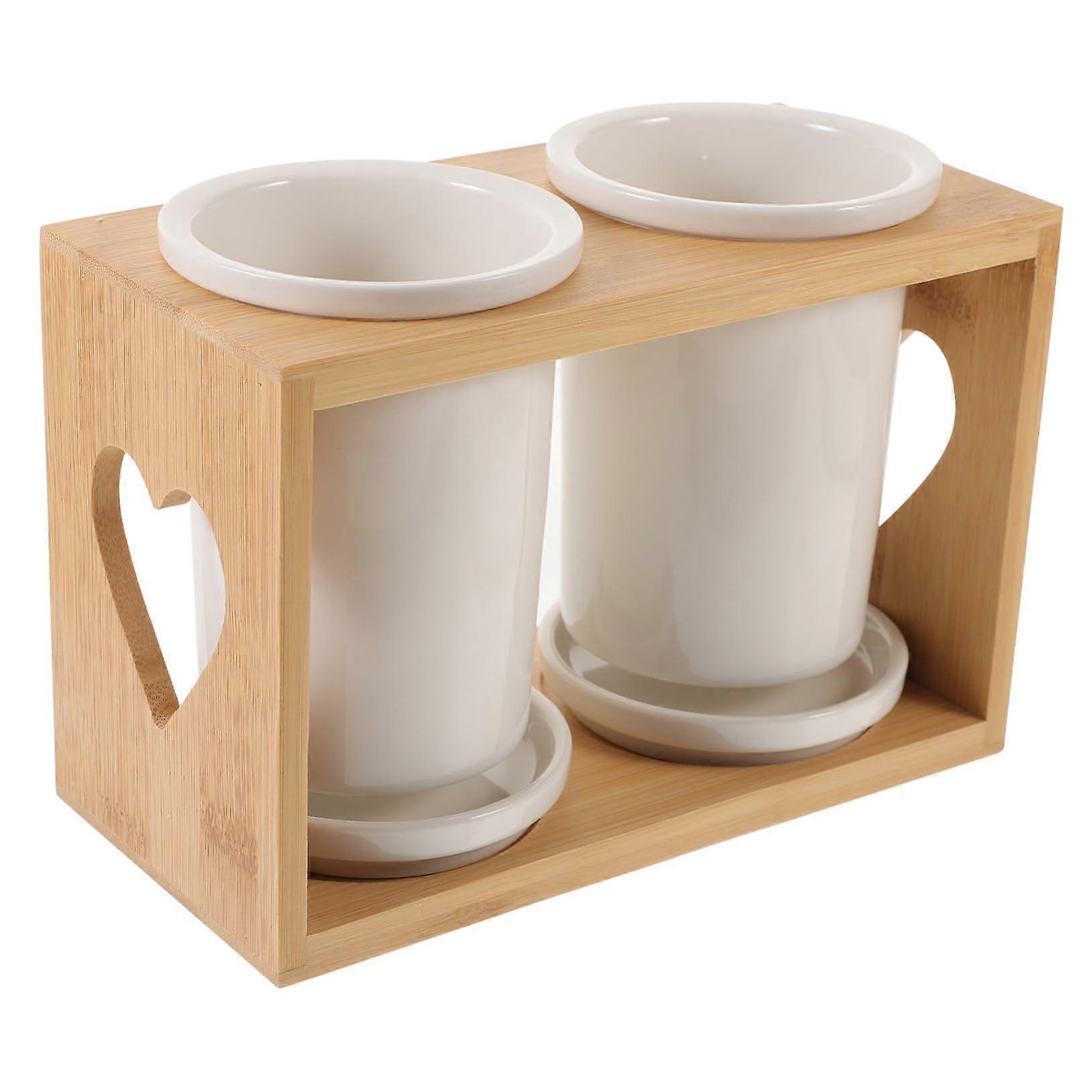 Ceramic Chopstick Drain Rack With Base, Double Canister Storage,  Temp Fired White Tableware Holder For Home Use