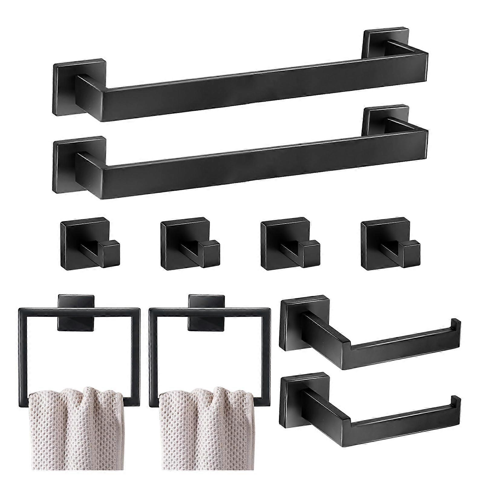 Matte Black Bathroom Hardware Set 10pcs with 16in Wall Mounted Towel Bar Hooks and Toilet Paper Holder