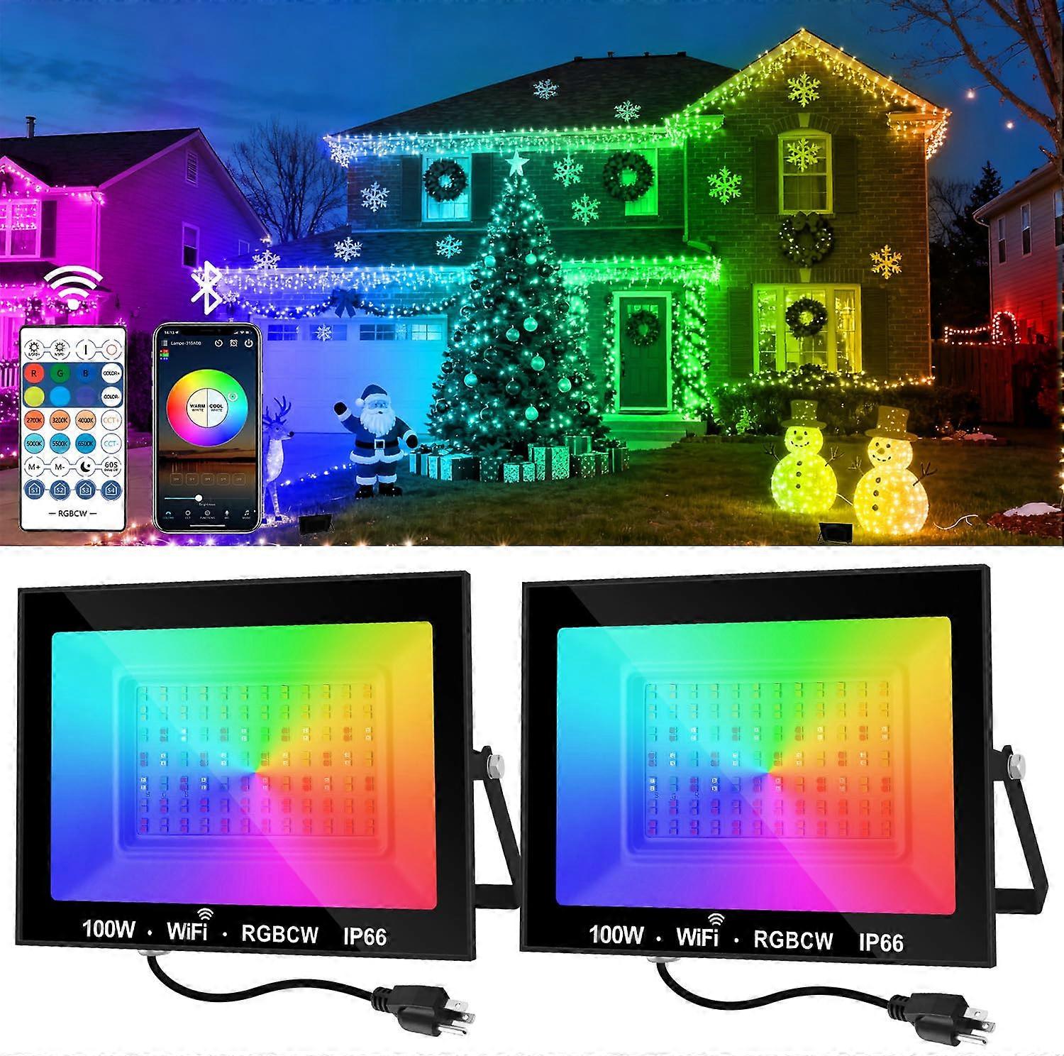 RGB LED Flood Lights 100W Outdoor IP66 Waterproof Smart App Control Color Changing 2 Pack